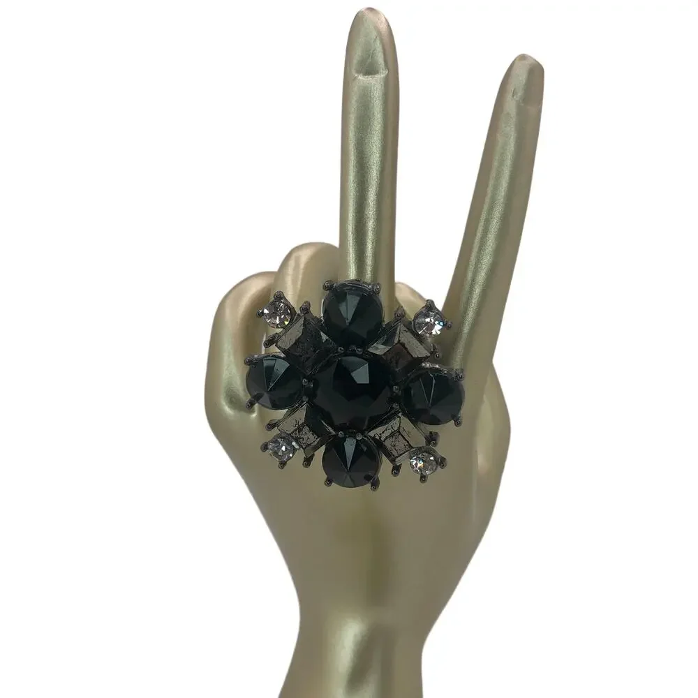 Black and Gun Metal Geometric Rhinestone Statement Ring - One Size Fits Most